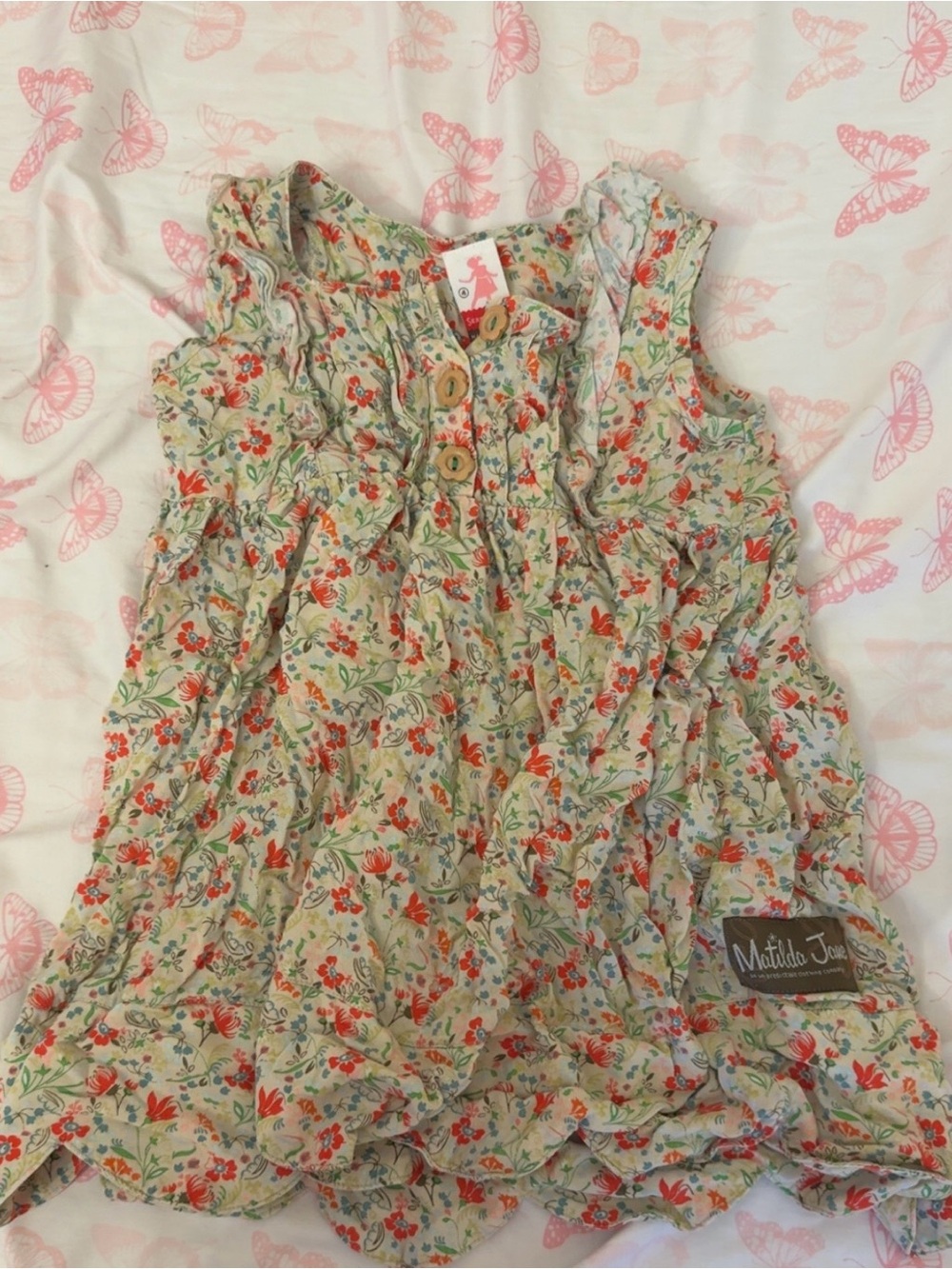 Matilda Jane Serendipity Cream Floral Ruffle Dress with Red and Green Accents